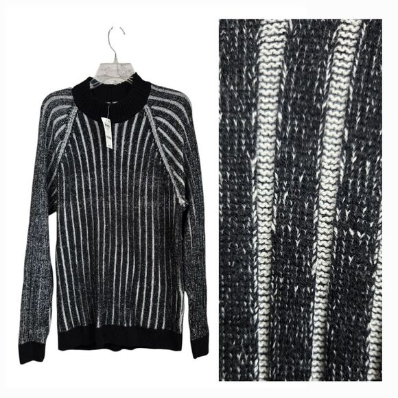 INC Men's Sweater NWT Cable Knit Black & White Ribbed Stripe Pullover Mock Neck - Picture 1 of 11